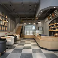Modern Dessert Shop Interior With Wooden Shelves Glass Display Cases Checkerboard Floor And Cozy Seating