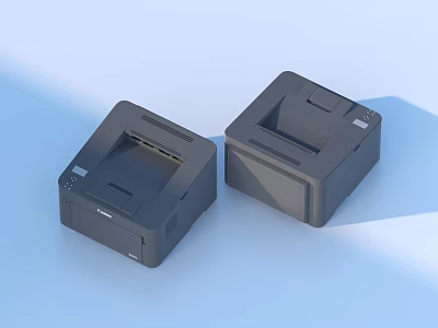 Two Black Desktop Printers On Light Blue Background With Compact Design 3d model
