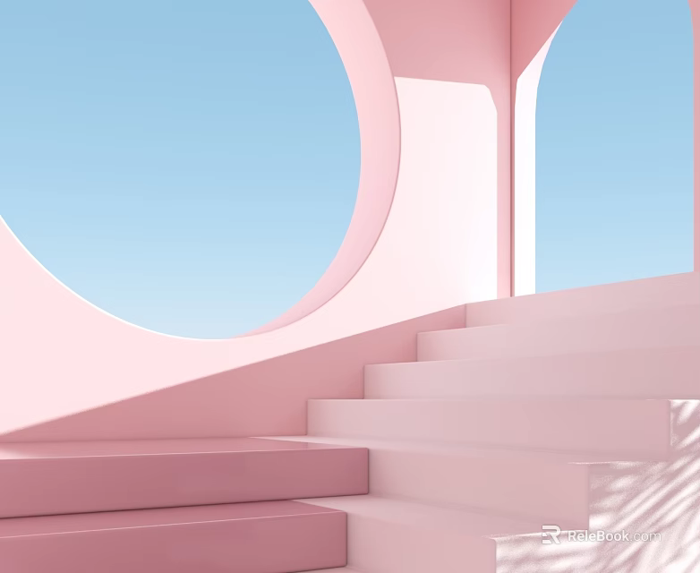 Colorful Children's Play Area With Pink Steps And Circular Arches Under Blue Sky 3d model 