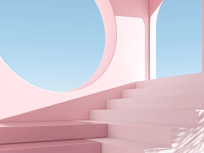 Colorful Children's Play Area With Pink Steps And Circular Arches Under Blue Sky 3d model