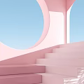 Colorful Children's Play Area With Pink Steps And Circular Arches Under Blue Sky