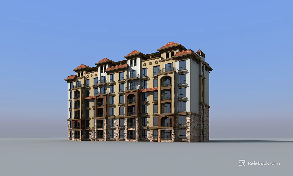 Multi Story Residential Building with Red Roofs Balconies Beige Brown Exteriors and Stone Accents 3d model 