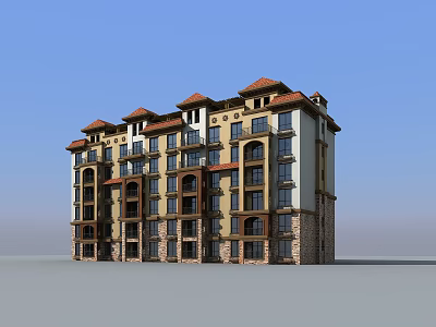 Multi Story Residential Building with Red Roofs Balconies Beige Brown Exteriors and Stone Accents 3d model