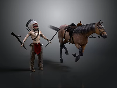 Native American Man in Feathered Headdress Holding Spear and Tomahawk with Running Horse 3d model