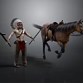 Native American Man in Feathered Headdress Holding Spear and Tomahawk with Running Horse