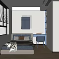 Modern Kids Room Interior With Bed Desk Blue Chair Window Wall Painting And Bookshelf