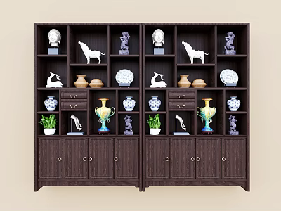 Dark Wooden Antique Display Shelf With Ceramic Vases Sculptures And Potted Plants 3d model