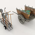 Traditional Agricultural Equipment Including Tool Rack With Farm Tools And Wooden Cart With Woven Baskets
