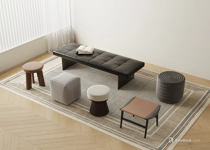 Brown Gray And White Stools In Various Styles On Patterned Carpet 3d model 