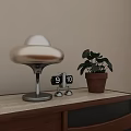 Modern Metallic Silver Table Lamp With Green Plant Small Clock And Wooden Table