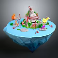 Colorful Cartoon Floating Island Scene With Mountain Red Decorations Green Plants and Playful Elements