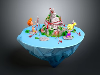 Colorful Cartoon Floating Island Scene With Mountain Red Decorations Green Plants and Playful Elements 3d model