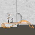 Golden Sleek Curved Public Chair With Decorative Sculpture Dried Flower Vase And Round White Object