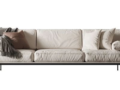 Beige Fabric Three Seater Sofa With Comfortable Pillows And Throw Blanket 3d model
