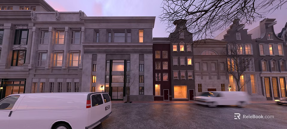 Modern Building Exterior With Stylish Swing Doors On Evening Street Scene 3d model 