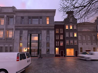 Modern Building Exterior With Stylish Swing Doors On Evening Street Scene 3d model