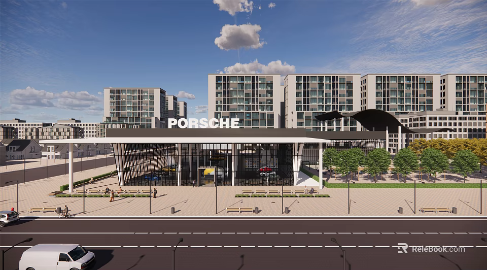 Porsche Modern Building Complex With Showroom Glass Facade And Urban Environment 3d model 