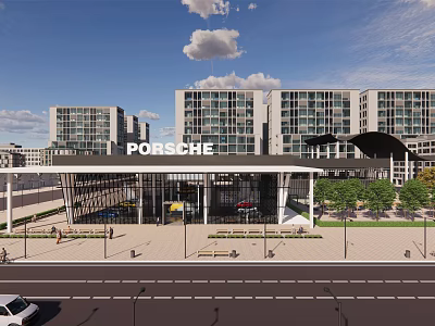 Porsche Modern Building Complex With Showroom Glass Facade And Urban Environment 3d model