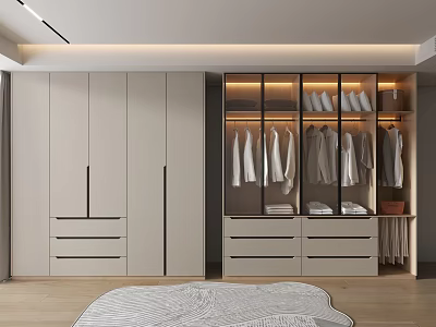 Modern Walk in Closet Interior With Hanging Rods Drawers And Glass Doors 3d model