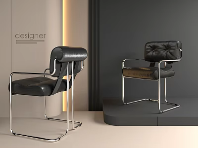 Black Leather Designer Leisure Chairs With Modern Metal Frame And Minimalist Design 3d model