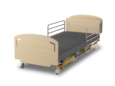 Adjustable Medical Bed With Wooden Headboard Metal Side Rails Gray Mattress And Wheels 3d model