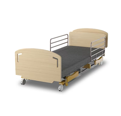 Adjustable Medical Bed With Wooden Headboard Metal Side Rails Gray Mattress And Wheels 3d model