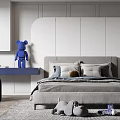 Modern Kids Room Interior With Gray Bed Blue Desk Stuffed Toys Round Decor And Rug