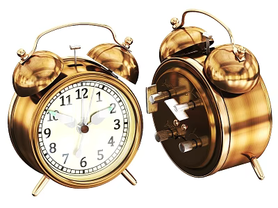 Two Golden Alarm Clocks Showing Front And Side View With Internal Mechanism 3d model