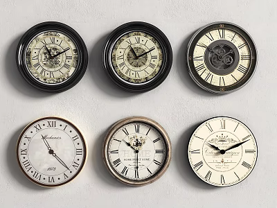 Six Vintage Clocks With Various Designs On Grey Background Black Gold Frames 3d model