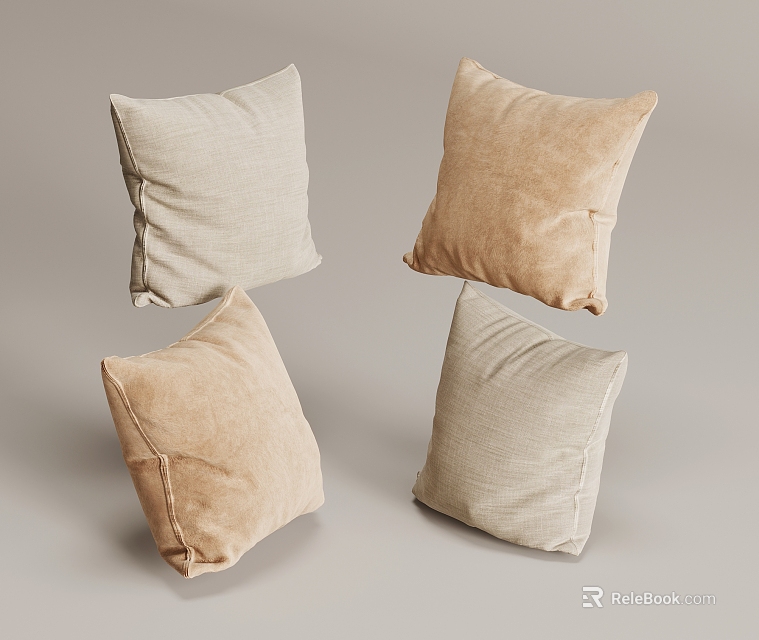 Four Square Decorative Pillows In Beige And Light Brown Soft Fabric On Gray Background 3d model 