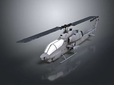 3D Model Military Helicopter With Rotor Blades Cockpit And Weapons On Reflective Surface 3d model