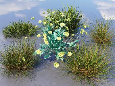 Lush Green Grasses And Vibrant Yellow Flowers Growing In Natural Clusters 3d model