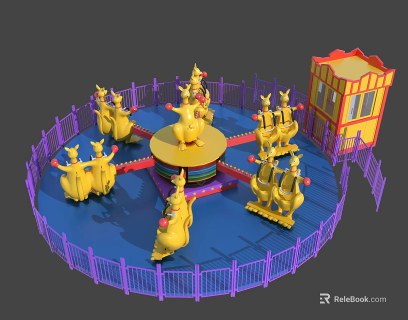 Colorful Carousel Amusement Ride With Yellow Animal Figures Colorful Platform Purple Fence And Small Pavilion 3d model 