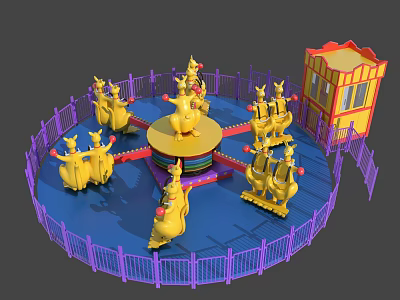 Colorful Carousel Amusement Ride With Yellow Animal Figures Colorful Platform Purple Fence And Small Pavilion 3d model