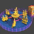 Colorful Carousel Amusement Ride With Yellow Animal Figures Colorful Platform Purple Fence And Small Pavilion