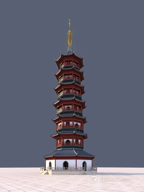 Traditional Chinese Ornate Multi Tiered Pagoda With Red Green Structure And Golden Top 3d model 