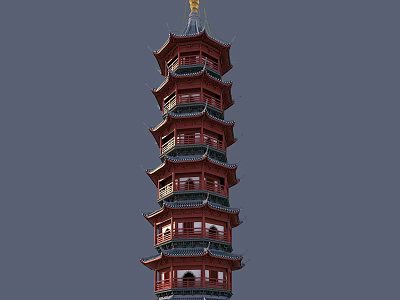 Traditional Chinese Ornate Multi Tiered Pagoda With Red Green Structure And Golden Top 3d model