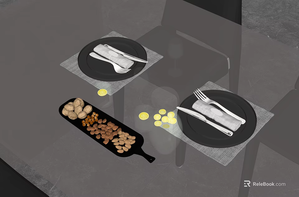 Elegant Cutlery Set With Knives Forks Spoons On Black Plates And Placemats 3d model 