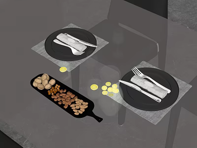 Elegant Cutlery Set With Knives Forks Spoons On Black Plates And Placemats 3d model