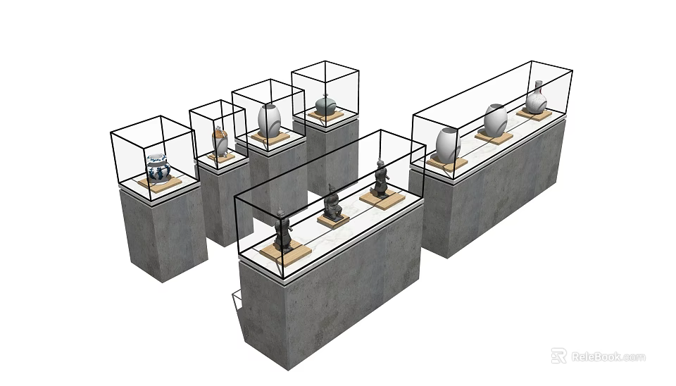 Modern Glass Display Shelves With Concrete Base For Art Exhibits 3d model 