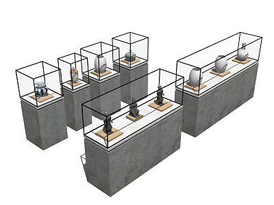 Modern Glass Display Shelves With Concrete Base For Art Exhibits 3d model