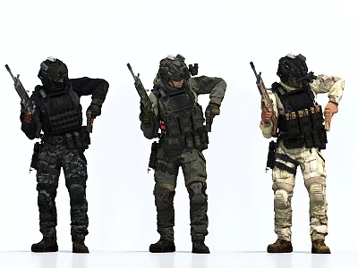 Game and Movie Characters in Military Style Tactical Gear with Different Camouflage Uniforms Holding Firearms 3d model