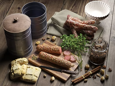 Rustic Food Arrangement With Sausages Bread Spices And Fresh Herbs On Wooden Table 3d model