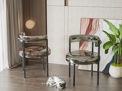 Modern Transparent Acrylic Dining Chairs With Black Metal Legs In Indoor Space With Green Plant 3d model