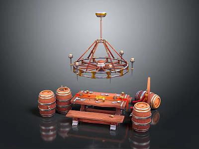 Vintage Rustic Furniture Collection With Wooden Barrels Table Bench And Hanging Chandelier 3d model
