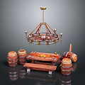 Vintage Rustic Furniture Collection With Wooden Barrels Table Bench And Hanging Chandelier