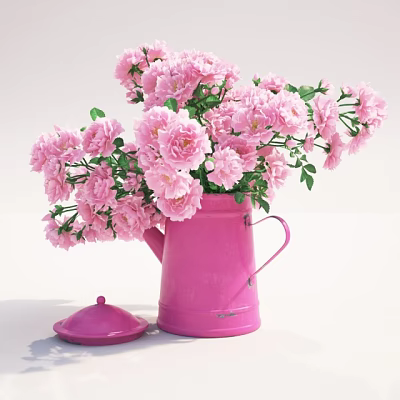 Pink Watering Can Vase With Fresh Pink Roses And Matching Lid 3d model