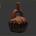 Red Pottery Sculpture With Intricate Carved Black Patterns And Traditional Handle Design
