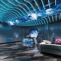 Modern KTV Interior Design With Curved Ceiling Lighting And Stylish Bar Counter