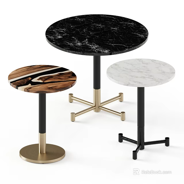 Modern Round Tables With Black Marble Wooden And White Marble Tops And Metal Legs 3d model 